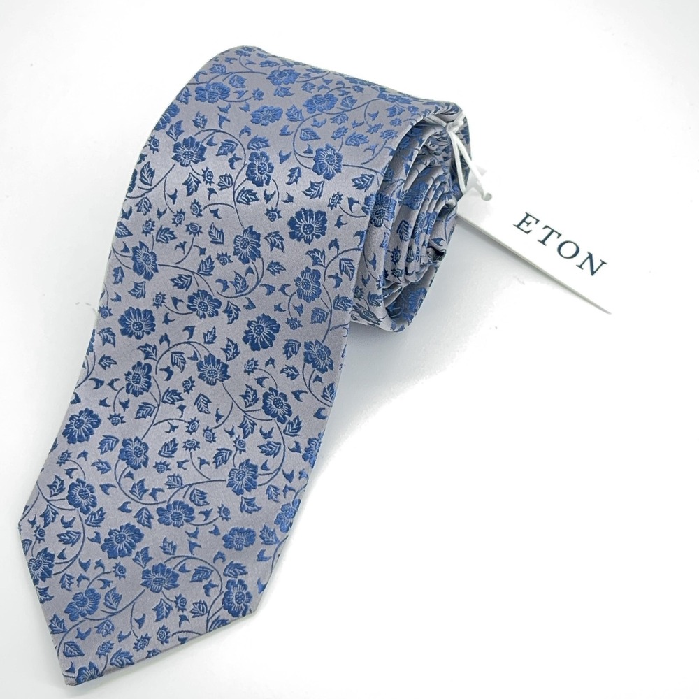 Eton‎ Tie Mens Grey Blue Floral 100% Silk Made In England Dress Necktie NWT
